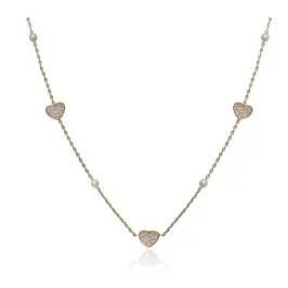 COLAR CHOKER DE CORAÇÕES CRAVEJADOS E PEROLAS BANHADO A OURO