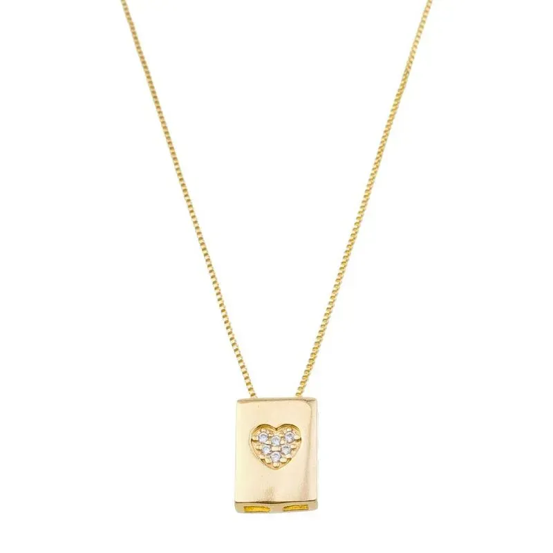 COLAR PLAQUINHA COM CORAÇÃO CRAVEJADO BANHADO A OURO