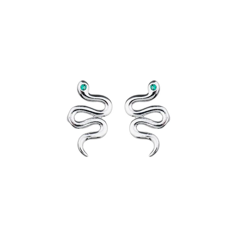 BRINCO SERPENTE LISA COM ZIRCONIA ESMERALDA BANHADO A RÓDIO BRANCO