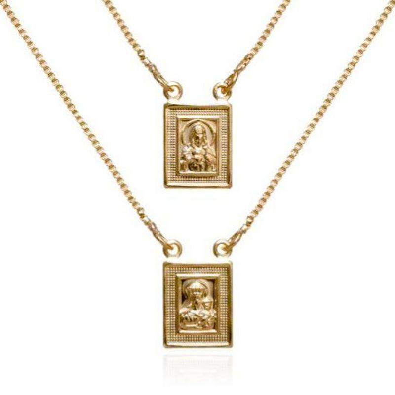 COLAR ESCAPULÁRIO DE NOSSA SENHORA E SAGRADO CORAÇÃO DE JESUS - OURO
