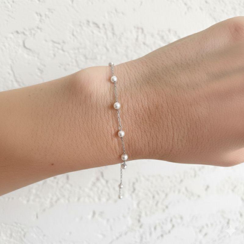 Pulseira de Bolinhas de Pérola Clássica Best Seller Banho Ródio Branco