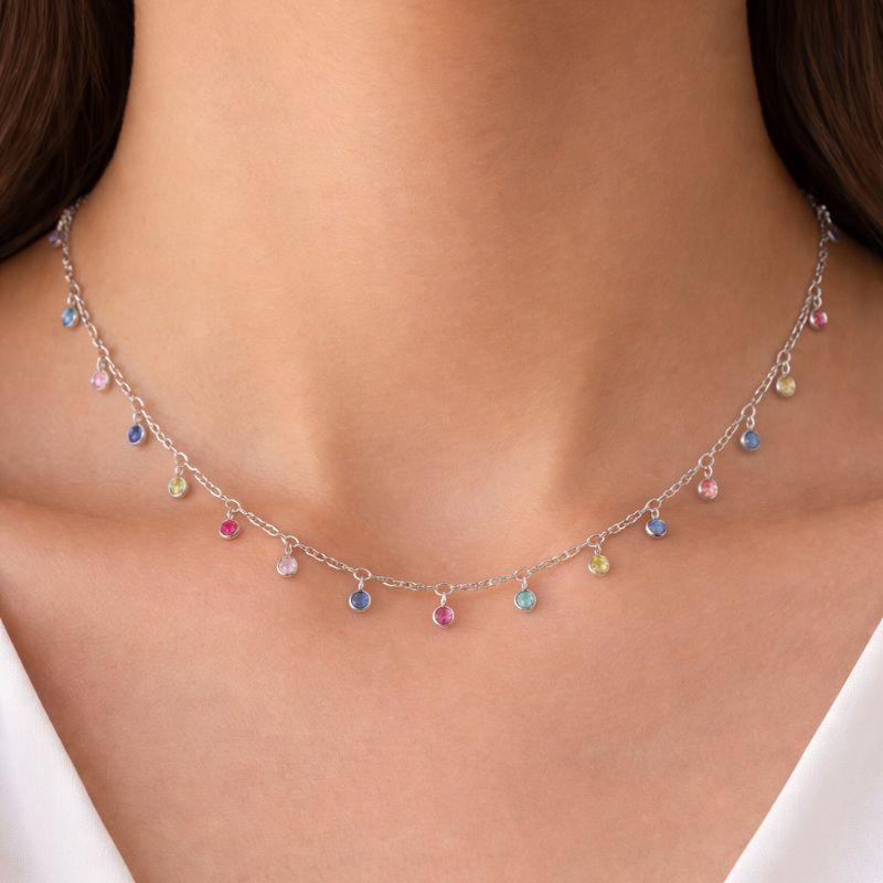 Colar Choker Arco-Íris Zircônias Coloridas 40cm Banhada a Ródio Branco