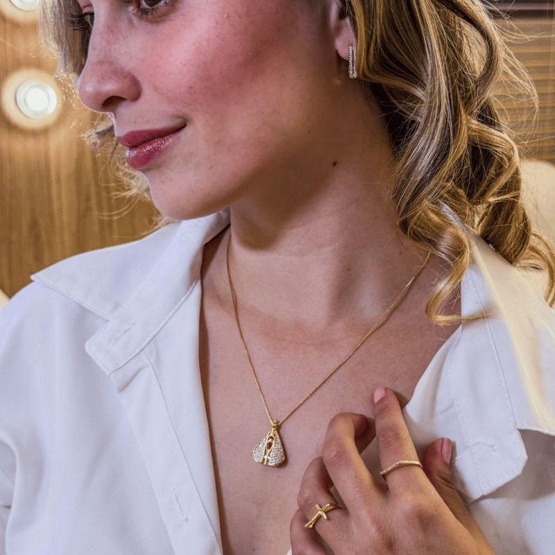 Colar Nossa Senhora Dupla Face Cristal e Azul G Aura 45cm Banho Ouro 18k