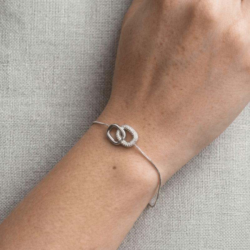 Pulseira Geométrica Retângulos Cravejado e Liso Banhada a Ródio