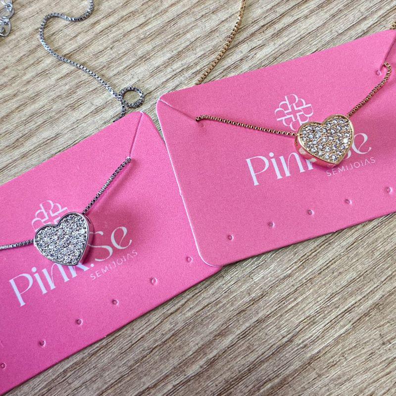 Colar Coração Cravejado Essencial 45CM Banhado Em Ródio