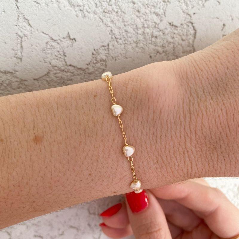Pulseira Pérola De Coração Delicada Best-seller Banhado Em Ouro