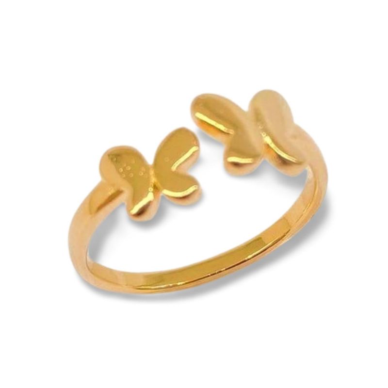 Anel Duas Borboletas Lisas Tica Banhado Em Ouro 18k
