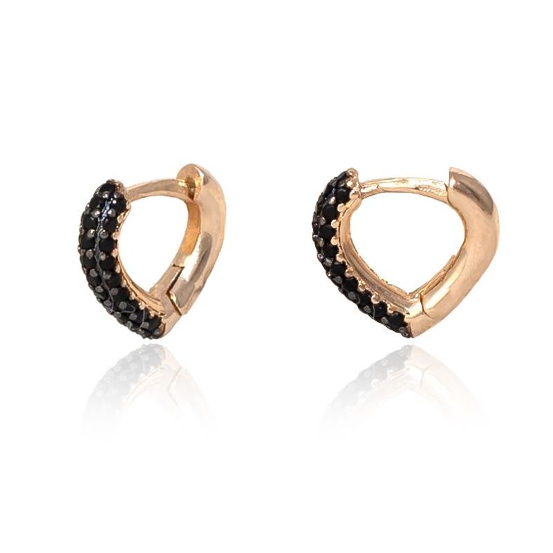 Brinco Argola De Coração Com Zirconias Negra Pequeno Pequeno Essencial Banhado Em Ouro