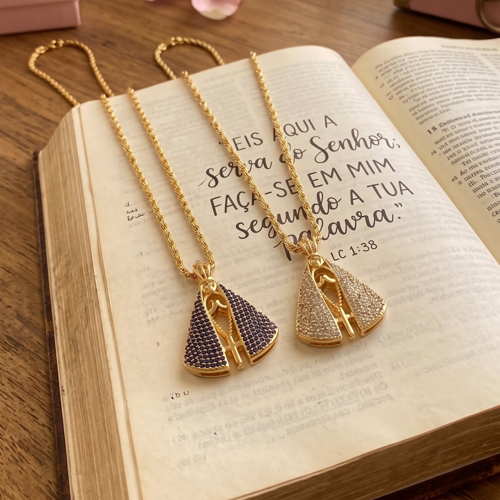 Colar de Cordão Baiano Nossa Senhora Dupla Face G Cristal e Azul Best Seller Banhado Em Ouro