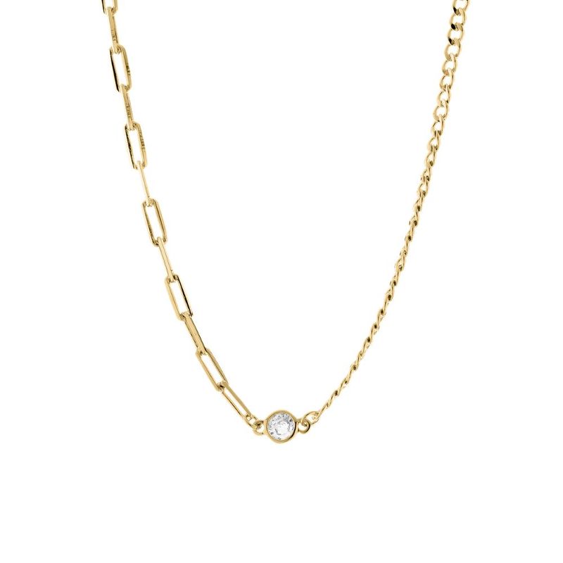 Colar Choker Duas Malhas E Uma Zirconia Essencial 40CM Banhado Em Ouro