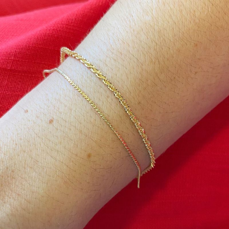 Pulseira Dupla Malha Torcida E Mini Elos Paris Banhado Em Ouro