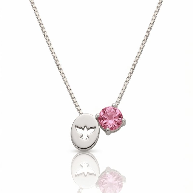 Colar Espírito Santo Ponto De Luz Rosa Quartzo Essencial 45CM Banhado Em Ródio