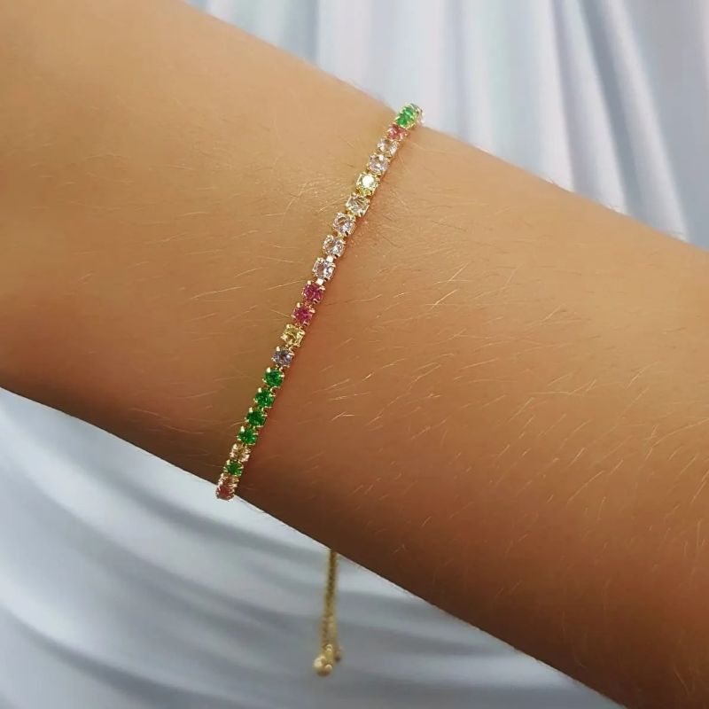 Pulseira Riviera Colorida Aura Banhado Em Ouro