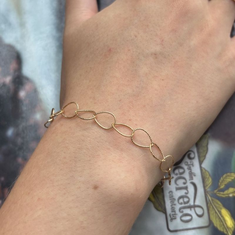 Pulseira De Elos Gota Textura Craquelada Sunshine Banhado Em Ouro
