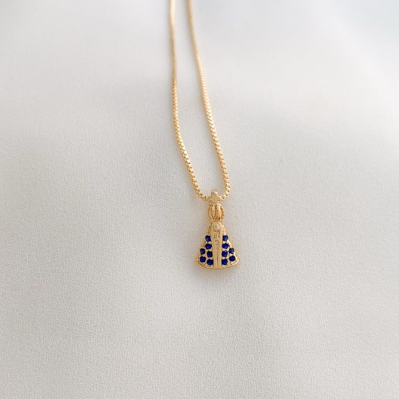 Colar De Nossa Senhora Com Zirconia Azul Best Seller 45CM Banhado Em Ouro