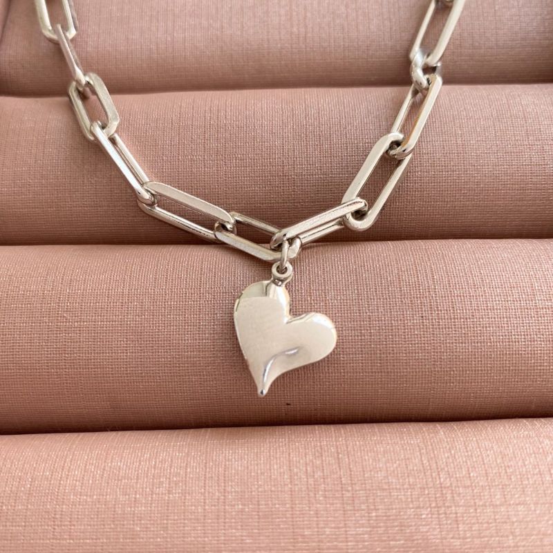 Pulseira De Elos Grandes E Coração Liso Essencial Banhado Em Ródio