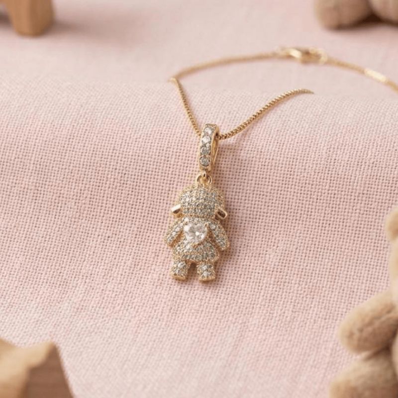 Colar De Filha Cravejado Zircônias E Coração Cristal 45 Cm Banhado A Ouro 18k