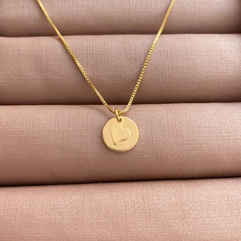 Colar Medalha E Coração Liso Jardim Secreto 35CM Banhado Em Ouro