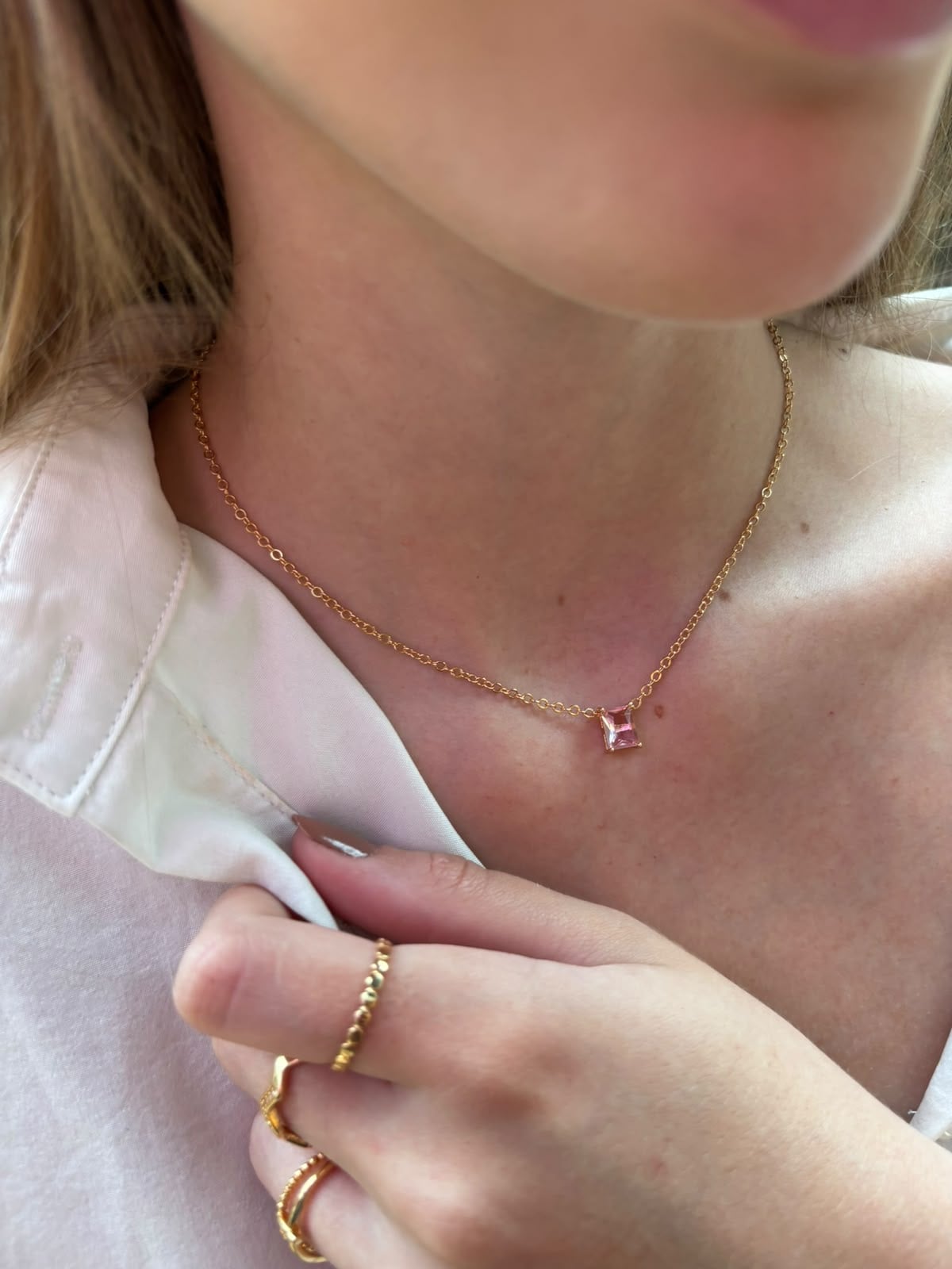 Colar Retangular Quartzo Rosa Lumina Banhado Em Ouro